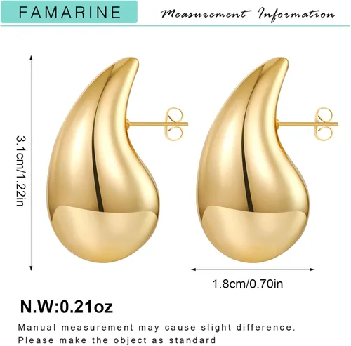 Miniatura 7 de FAMARINE Aretes de oro con forma de gota de agua para mujer, aretes grandes de oro con forma de lágrima