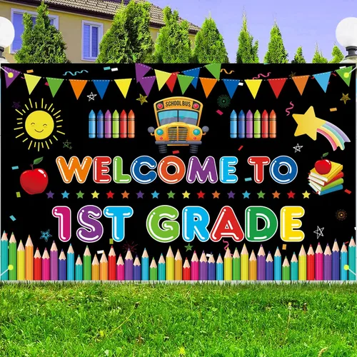 Miniatura 2 de Cartel de bienvenida al primer grado, telón de fondo grande para decoración del primer día de escuela, bienvenido a la escuela, primer día de jardín