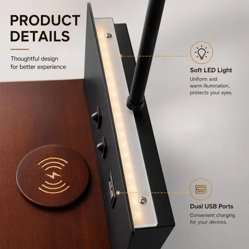Miniatura 9 de Apliques de pared de mesita de noche con estación de carga inalámbrica y carga USB, lámpara de lectura LED con 3 temperaturas de color ajustables