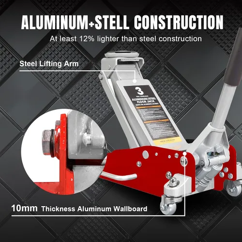 Miniatura 4 de Big RED Gato de piso de 3 toneladas, gato hidráulico de aluminio y acero de bajo perfil con bomba de elevación rápida de doble pistón, gato de piso