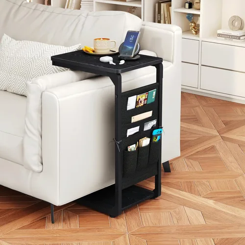 Miniatura 4 de Bandejas de TV con pedestal de madera para comer en mesas de sofá que se deslizan por debajo, mesa auxiliar en forma de C, mesa auxiliar para sofá