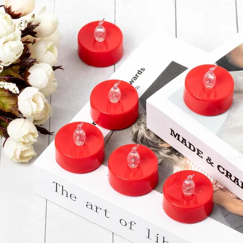 Miniatura 5 de Paquete de 24 velas de té con llama parpadeante roja (fuente de luz LED roja), velas que funcionan con pilas para Navidad, boda, fiesta, día de San