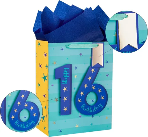 Miniatura 7 de Loveinside Bolsa de regalo azul de cumpleaños con papel de seda, etiqueta de regalo y tarjeta de felicitación para niños, adolescentes, fiestas