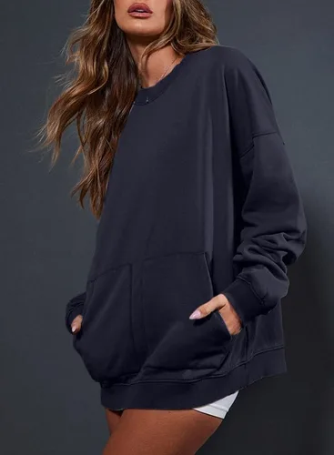 Miniatura 4 de SHEWIN Sudaderas para mujer, cuello redondo, color sólido, a la moda, cálidas, de gran tamaño, ligeras, sin botones
