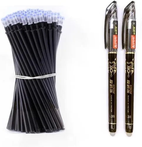 Juego de 2 + 50 bolígrafos de gel de tinta azul y negra de 0.020 in, borrable, con mango lavable, escritura escolar, papelería, tinta de gel (negro)