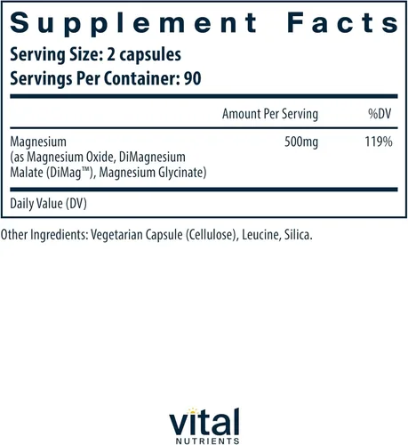 Miniatura 2 de Suplemento de Triple Complejo de Magnesio de Vital Nutrients Magnesio vegano en forma de glicinato, malato y óxido 250mg Suplemento de magnesio