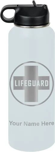 Miniatura 15 de LaserGram Botella de agua personalizada, salvavidas, acero inoxidable de doble pared aislada al vacío con popote superior, regalo grabado Negro