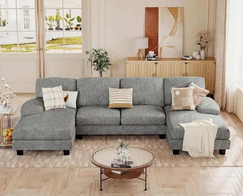 Miniatura 9 de JUMMICO Sofás Seccionales para Sala de Estar, Sofá en Forma de U con Tela de Chenilla, Sofá Moderno de 4 Asientos con Almohadas Removibles para Gris