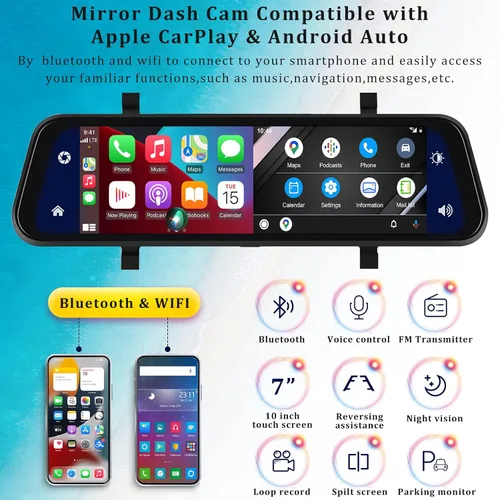 Miniatura 2 de Cámara de espejo retrovisor con Carplay y Android Auto, 9.66 pulgadas 1080P espejo Dash Cam frontal y trasera con control de voz