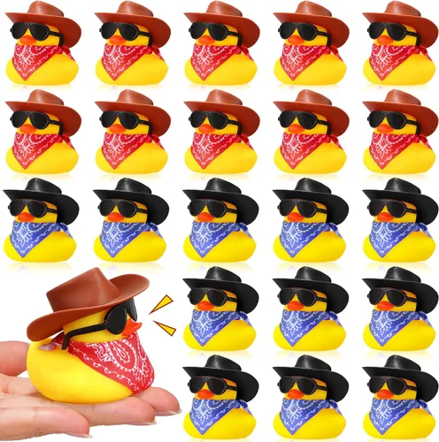 Miniatura 8 de Sosation Juego de 24 mini patos amarillos de goma para bañera con sombrero de vaquero, pañuelos de cachemira, gafas de sol para fiesta de cumpleaños