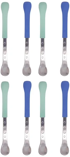 Nuby Cucharas de alimentación seguras y calientes 2 en 1 (paquete de 8) cucharas para bebés de 6 meses en adelante, color azul y aguamarina