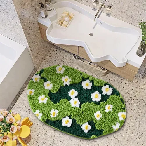 Miniatura 10 de Bonita Alfombra de Baño Verde Floral Hierba Primavera Flor Margarita Alfombras de Baño Antideslizantes Lavables a Máquina Súper Absorbentes
