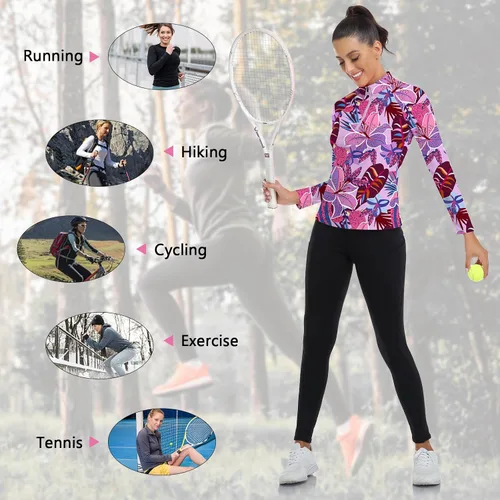 Miniatura 63 de WOWENY Camiseta deportiva de manga larga para mujer, con cremallera de un cuarto, cuello para entrenamiento, camiseta de tenis con estampado