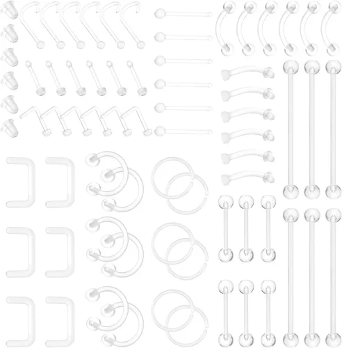 Yolev 66 piezas de retenedores de piercing transparentes para cirugía – Flexible Bioflex nariz tabique oreja ceja lengua ombligo anillos –