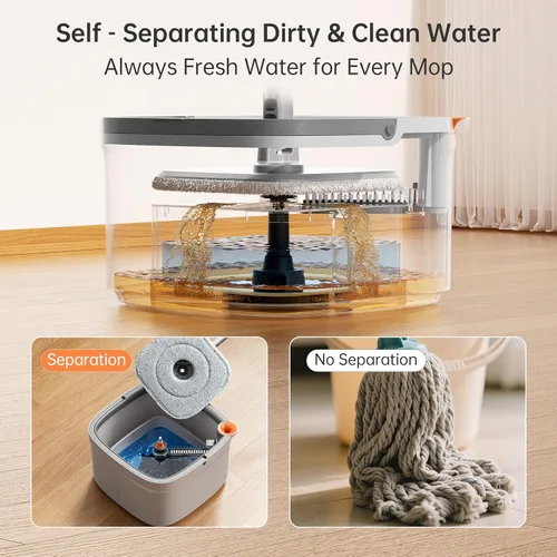Miniatura 2 de Juego de trapeador giratorio y cubo con sistema de agua limpia y sucia de separación automática, cabezal de trapeador cuadrado giratorio de 360°