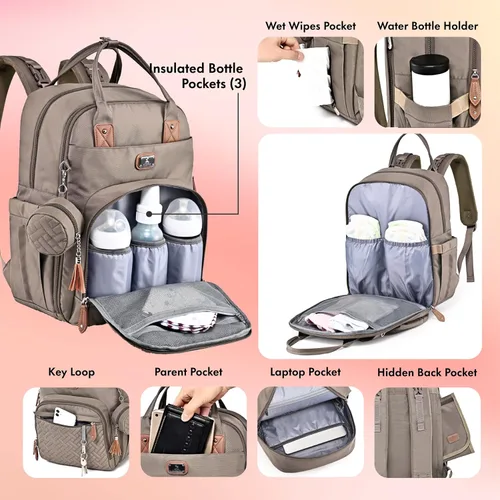 Miniatura 4 de Dikaslon Mochila para pañales con cambiador portátil, funda para chupete y correas para cochecito, bolsas de bebé unisex grandes para niños y niñas