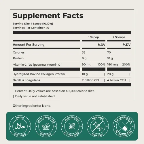 Miniatura 2 de Colágeno en polvo con vitamina C y probiótico (0.71 onzas de proteína) Péptidos de colágeno halal alimentados con pasto puro para mujeres, sin sabor