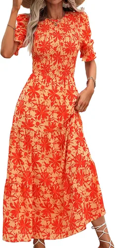 Miniatura 128 de BTFBM Vestidos para mujer, cuello redondo, casual, de verano, con volantes, manga corta, bohemio, con niveles, fruncido, largo, con estampado floral