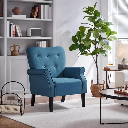 Miniatura 8 de Yaheetech Sillón moderno, silla decorativa de mediados de siglo con patas de madera resistentes y respaldo alto para espacios pequeños, sofá Azul