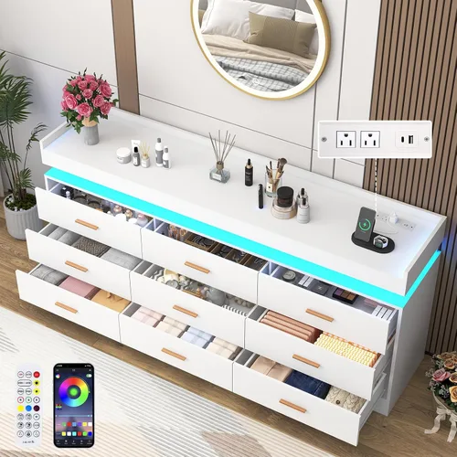 Miniatura 4 de Cómoda de 9 cajones con luz LED y estación de carga, cómoda moderna de 63 pulgadas para armario, armario organizador de cajones anchos para Blanco