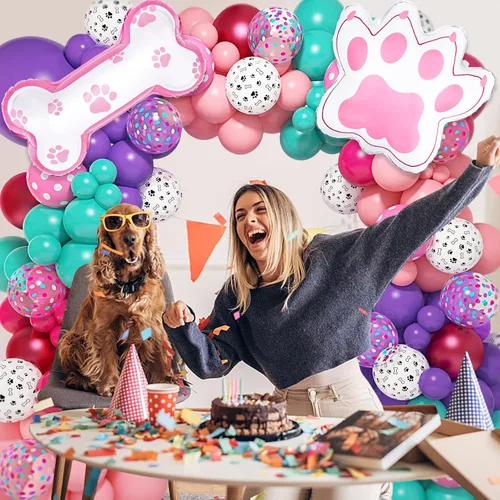 Miniatura 5 de Kit de arco de guirnalda de 147 piezas de globos con diseño de pata con globos con estampado de pata de perro rosa, morado, turquesa, globos