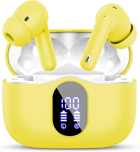 Miniatura 17 de Auriculares inalámbricos, Bluetooth 5.4, auriculares estéreo con graves y micrófono con cancelación de ruido, pantalla LED en el oído, llamadas Oro