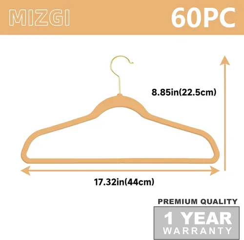 Miniatura 6 de MIZGI Perchas de terciopelo de camello, paquete de 60 perchas, perchas de oro premium para ropa, antideslizantes, perchas de fieltro, perchas