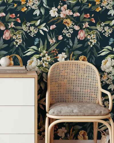 Papel pintado de flores oscuras | Papel tapiz floral autoadhesivo extraíble | Papel tapiz de peonías y hojas para despegar y pegar (1 rollo de 24