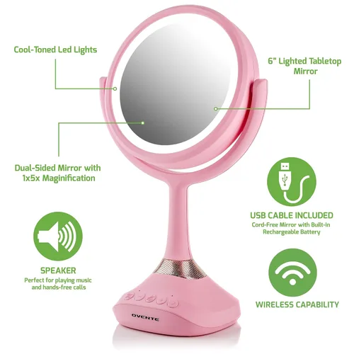 Miniatura 2 de Ovente Espejo de tocador iluminado, parte superior de mesa, giro de 360 grados, círculo de doble cara, LED, 1 x 5X, lupa con audio MP3, altavoz
