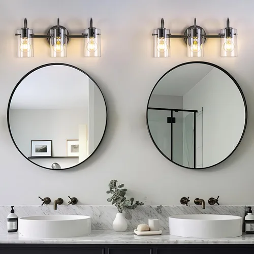 Miniatura 6 de 3 luces de tocador, lámparas de pared de baño negro mate sobre el espejo, aplique de pared moderno con pantalla de vidrio transparente, lámpara
