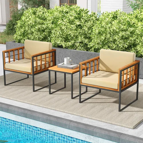 Miniatura 3 de Tangkula Juego de sillas de patio de 3 piezas, juego de sofá de madera de acacia para exteriores con soporte de metal, asiento suave y cojines