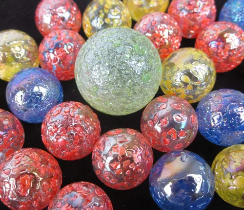 Miniatura 4 de ~ 25 canicas de vidrio arcoíris con purpurina azul/rojo/verde/amarillo con purpurina moteada confeti estilo clásico (24 jugadores, 1 tirador)