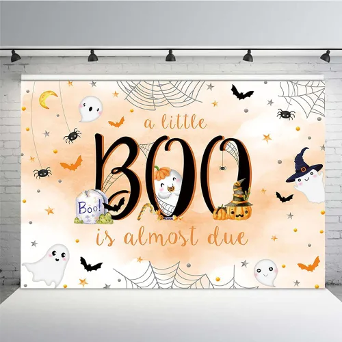 Miniatura 7 de MEHOFOND Telón de fondo de Halloween de 7 x 5 pies para baby shower con texto en inglés "A Little Boo is Almost Due Blue Water" para niño