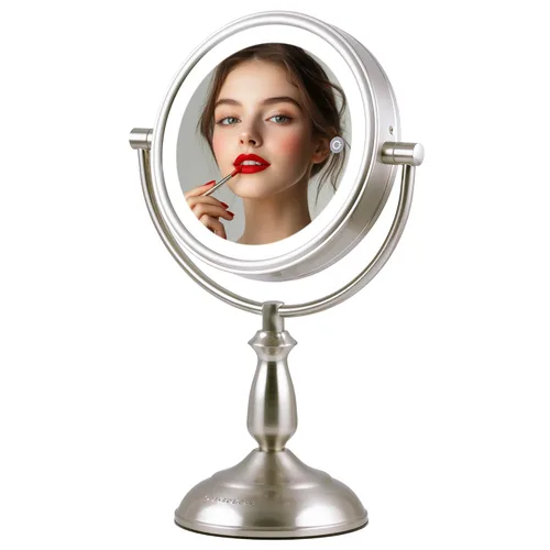 Miniatura 12 de Ovente Espejo de tocador iluminado, parte superior de mesa, giro de 360 grados, círculo de doble cara, LED, 1 x 5X, lupa con audio MP3, altavoz