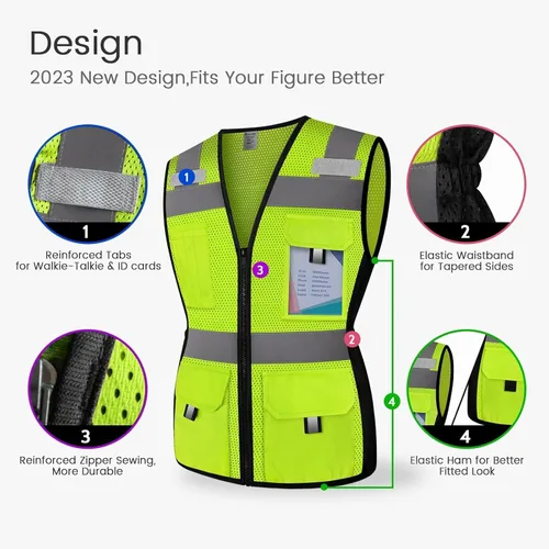 Miniatura 3 de Chaleco de Seguridad para Mujeres con 11 Bolsillos y Cremallera, Chaleco de Trabajo Reflectante de Malla de Alta Visibilidad para Mujeres Amarillo
