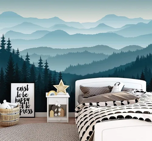 Miniatura 6 de Papel tapiz removible para despegar y pegar, mural de pared autoadhesivo, mural de montaña 3D, papel tapiz para guardería, pinos de montaña azul