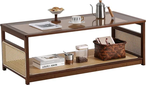 Miniatura 10 de Welnow Mesas de centro de ratán para sala de estar, moderna mesa de centro de 2 niveles, mesa de centro rectangular de mediados de siglo con estante