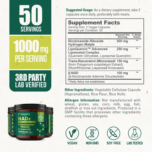 Miniatura 5 de biophix Suplemento liposomal NAD+ para mujeres y hombres, 1000 mg por porción, ribósido de nicotinamida, resveratrol micronizado y complejo