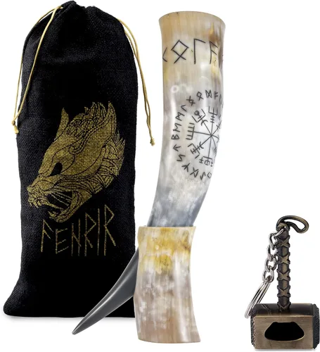FENRIR Cuerno vikingo para beber de 16 oz con soporte y abridor para cerveza, ale, mead, regalo para hombres y mujeres 100% auténtico hecho a mano