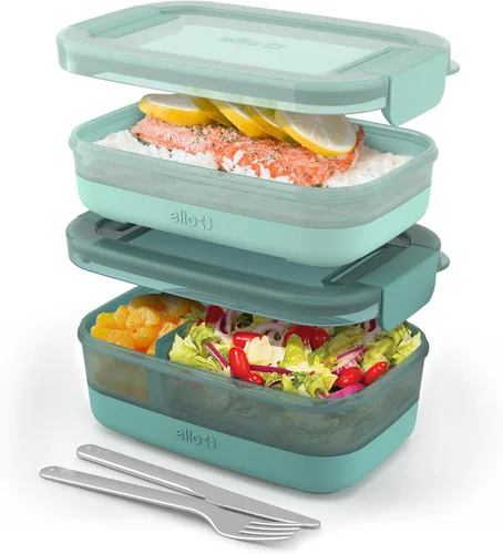 Miniatura 9 de Ello Juego de 2 contenedores de almacenamiento de alimentos de plástico para lonchera, tipo Bento, con tapas de plástico herméticas, a prueba