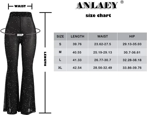 Miniatura 7 de Anlaey Pantalones de baile de malla transparente para rave, con lentejuelas brillantes, acampanados, cintura alta, para festivales, clubes, trajes