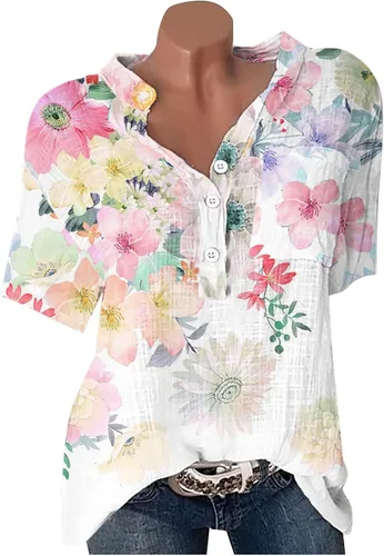 Miniatura 2 de Blusas de verano para mujer, cuello en V, ajuste holgado, cómodas, de algodón, lino, estampado floral, blusas a la moda 2023