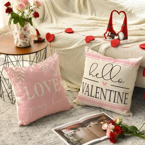 Miniatura 4 de AVOIN colorlife Juego de 4 fundas de almohada de amor en blanco y negro para el día de San Valentín, 20 x 20 pulgadas, diseño a cuadros de Hello