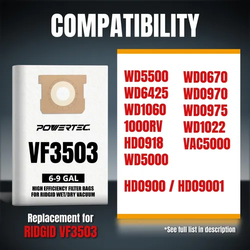 Miniatura 3 de POWERTEC VF3503 - Bolsas para aspiradora Ridgid de tamaño B, 6 a 9 galones, 40153 bolsas de vacío para Ridgid HD9000 y Workshop WS32090F2