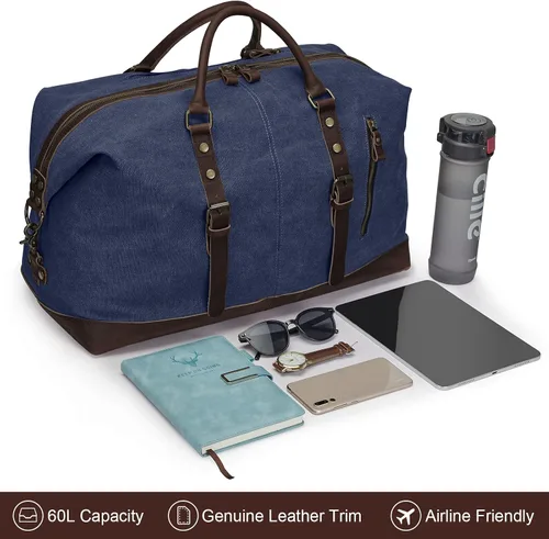 Miniatura 33 de S-ZONE - Bolsa de viaje de lona sobredimensionada con adornos de cuero genuino, bolsa deportiva de hombro de fin de semana, bolso de fin de semana