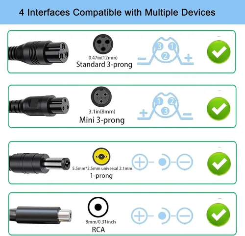 Miniatura 2 de Cargador eléctrico de scooter de 42 V 2 A para baterías de litio de 36 V, cable de carga con 4 enchufes, compatible con adaptador de corriente