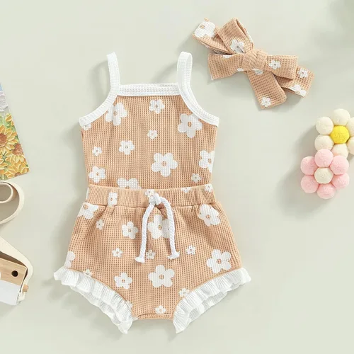 Miniatura 3 de Newborn Baby Girls Clothes Sets Waffle Floral Print Sleeveless Bodysuits+Ruffles Drawstring Summer Shorts+Headband