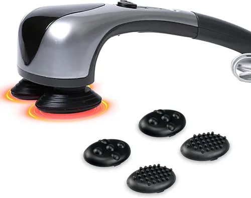 Masajeador de percusión de mano de doble cabeza con calor, masajeador eléctrico de tejido profundo para cuello, hombros, espalda, piernas y alivio