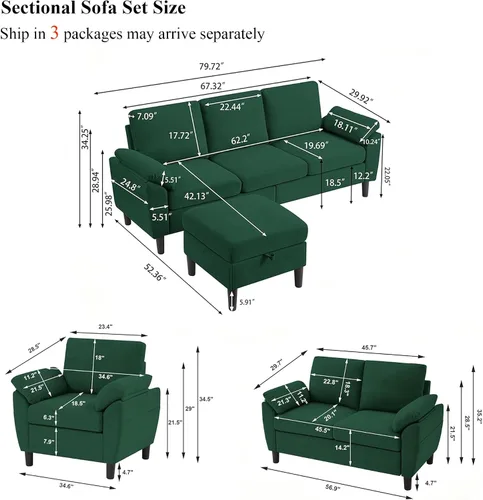 Miniatura 2 de Juego de sofá modular convertible, sofá en forma de L de 79 pulgadas con otomana, sofá biplaza, sillón, sofás pequeños de 6 plazas para espacios