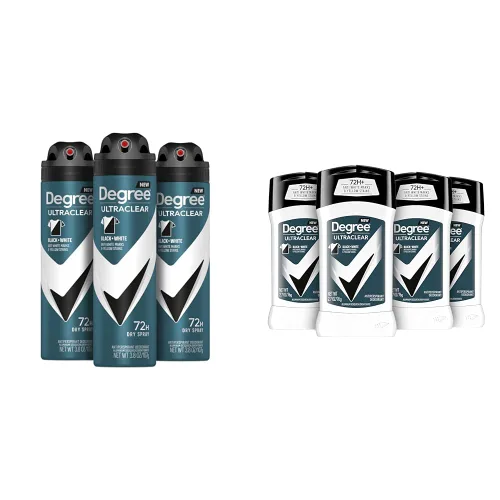 Degree Desodorante antitranspirante para hombre, espray seco en aerosol negro + blanco, 3 unidades y desodorante antitranspirante ultratransparente